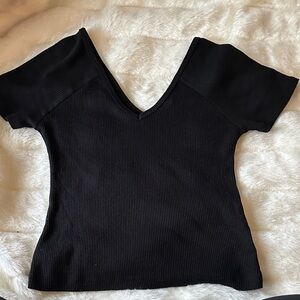 Black V-Neck Ribbed Top
